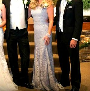 Silver formal with rhinestone belt and small train